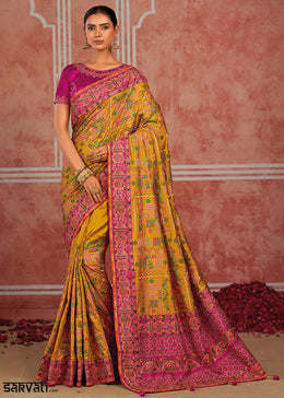 Mustard Yellow Banarasi Silk Saree with Exquisite Kachhi Hand Embroidery