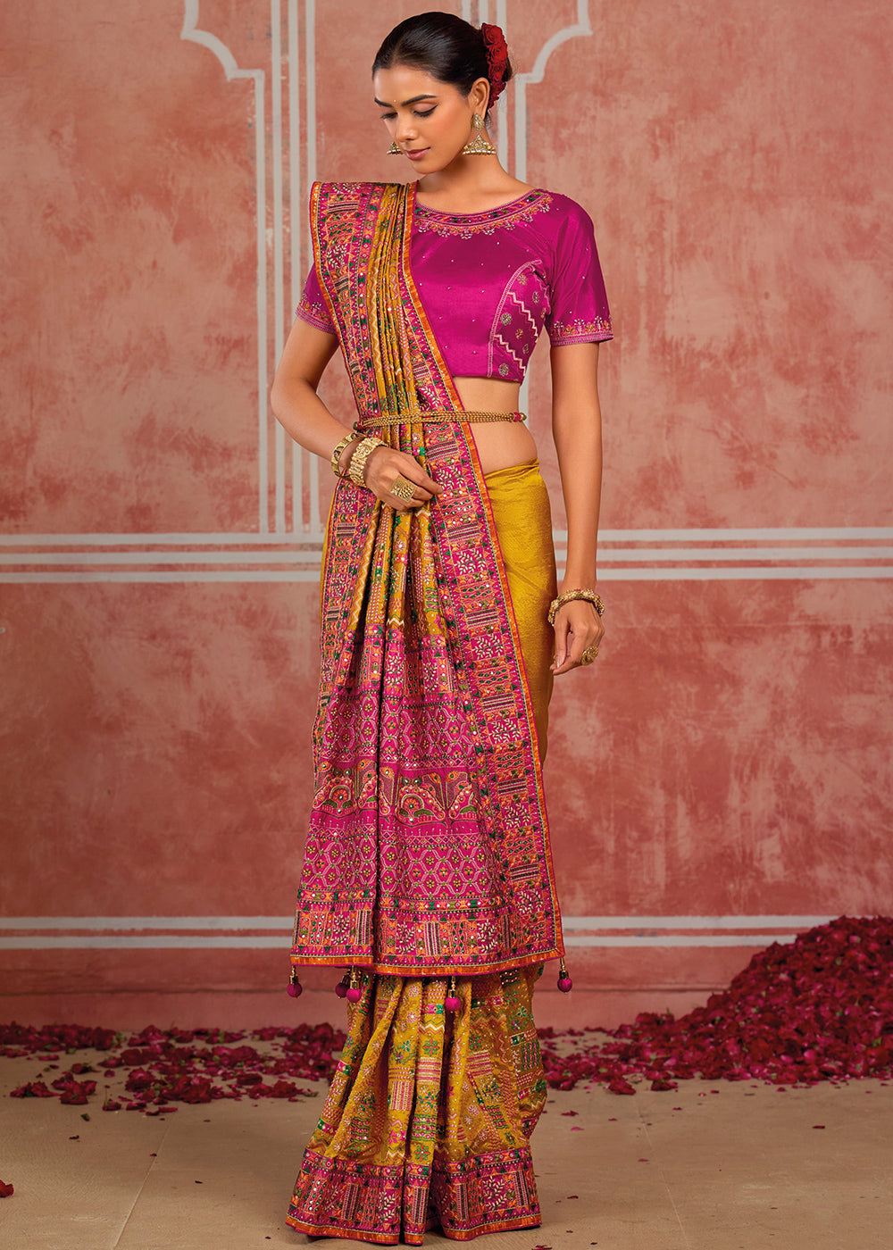 Mustard Yellow Banarasi Silk Saree with Exquisite Kachhi Hand Embroidery