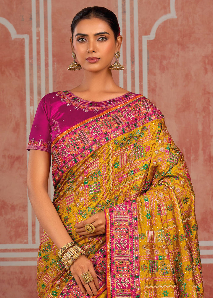 Mustard Yellow Banarasi Silk Saree with Exquisite Kachhi Hand Embroidery