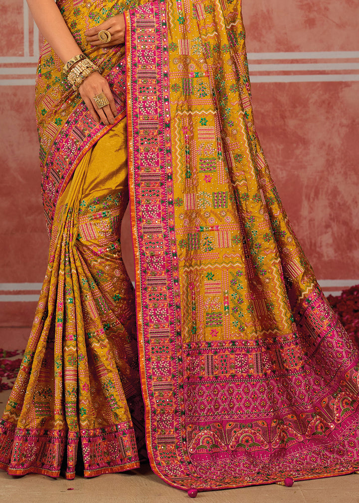 Mustard Yellow Banarasi Silk Saree with Exquisite Kachhi Hand Embroidery