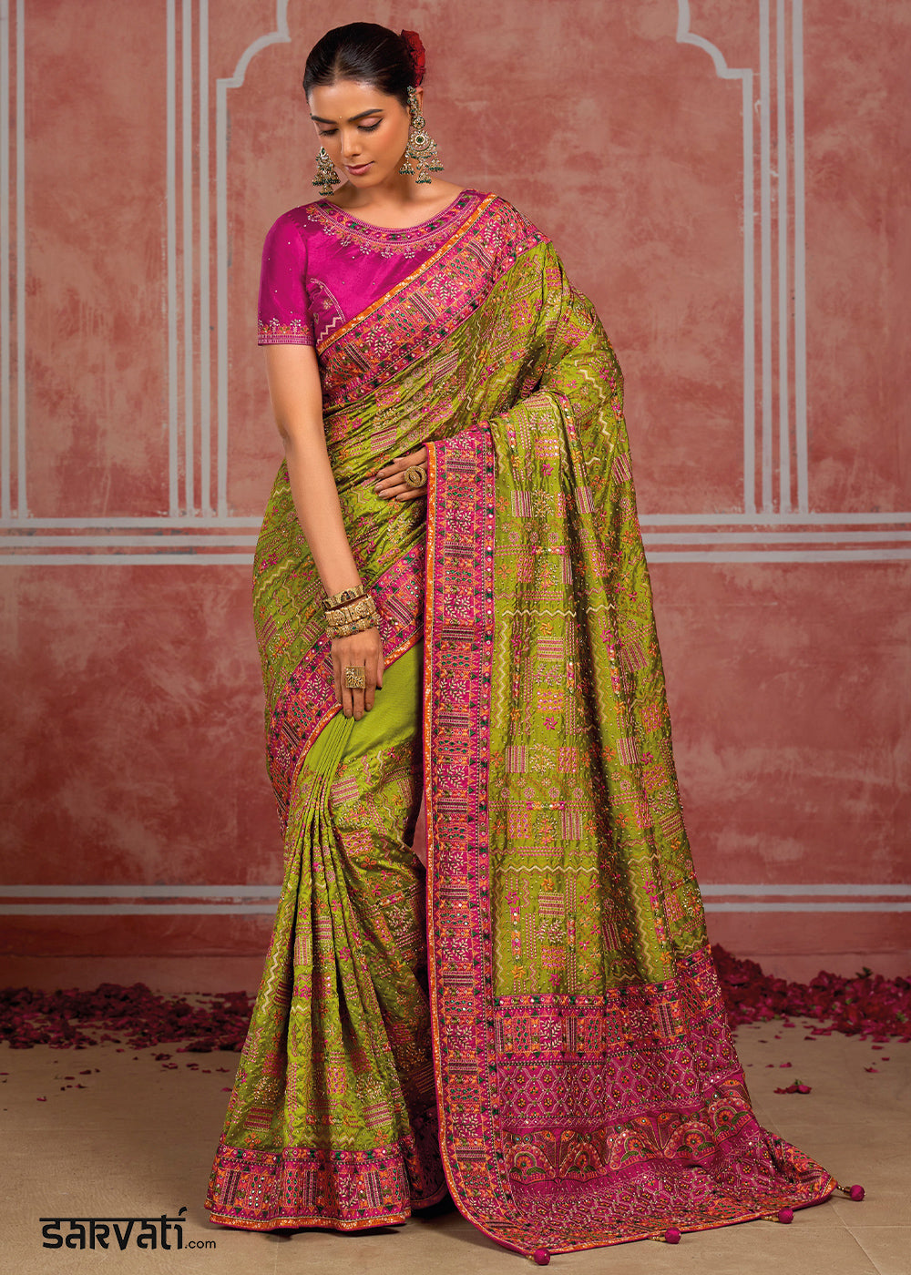 Sheen Green Banarasi Silk Saree with Exquisite Kachhi Hand Embroidery