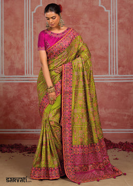 Sheen Green Banarasi Silk Saree with Exquisite Kachhi Hand Embroidery