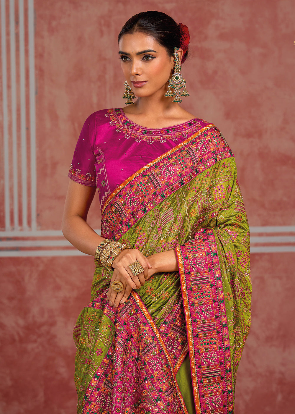 Sheen Green Banarasi Silk Saree with Exquisite Kachhi Hand Embroidery