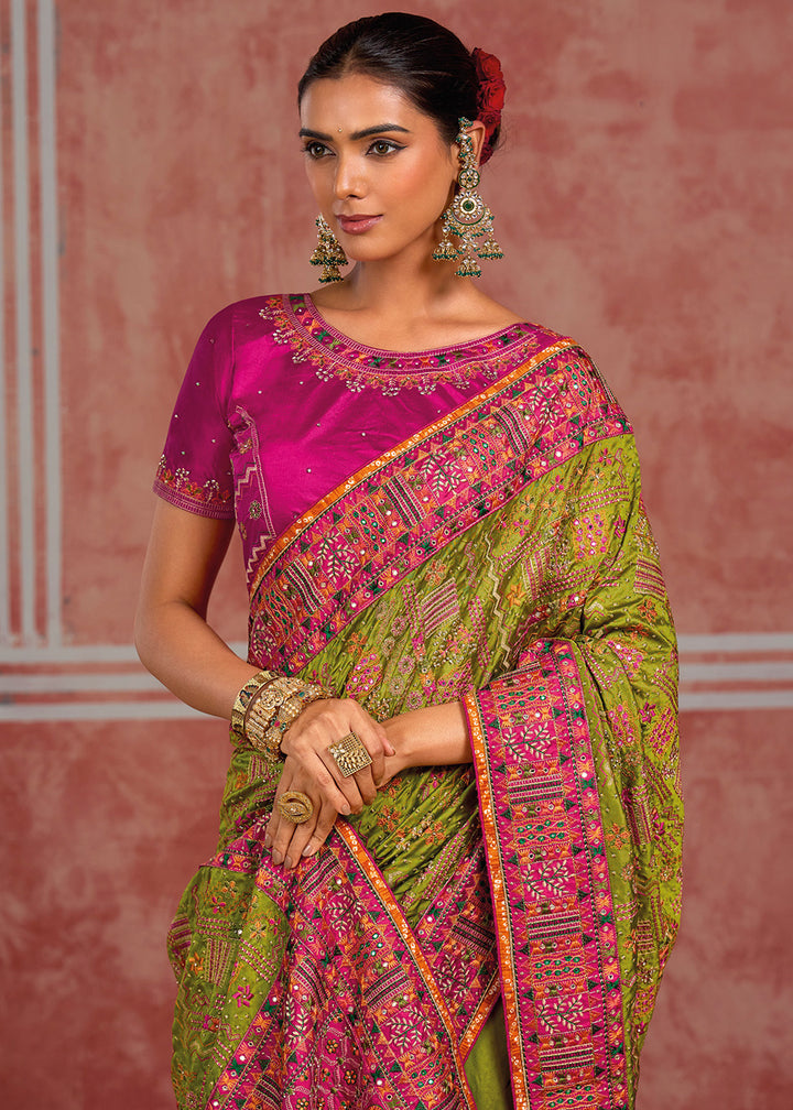 Sheen Green Banarasi Silk Saree with Exquisite Kachhi Hand Embroidery