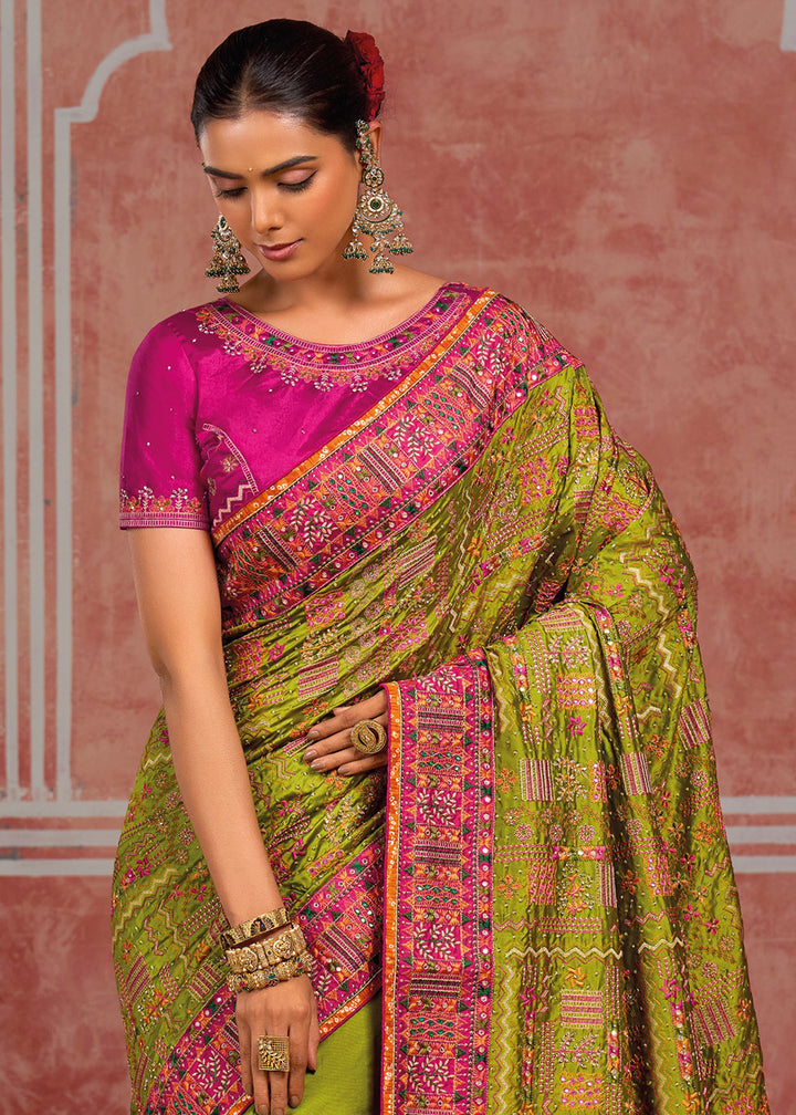 Sheen Green Banarasi Silk Saree with Exquisite Kachhi Hand Embroidery
