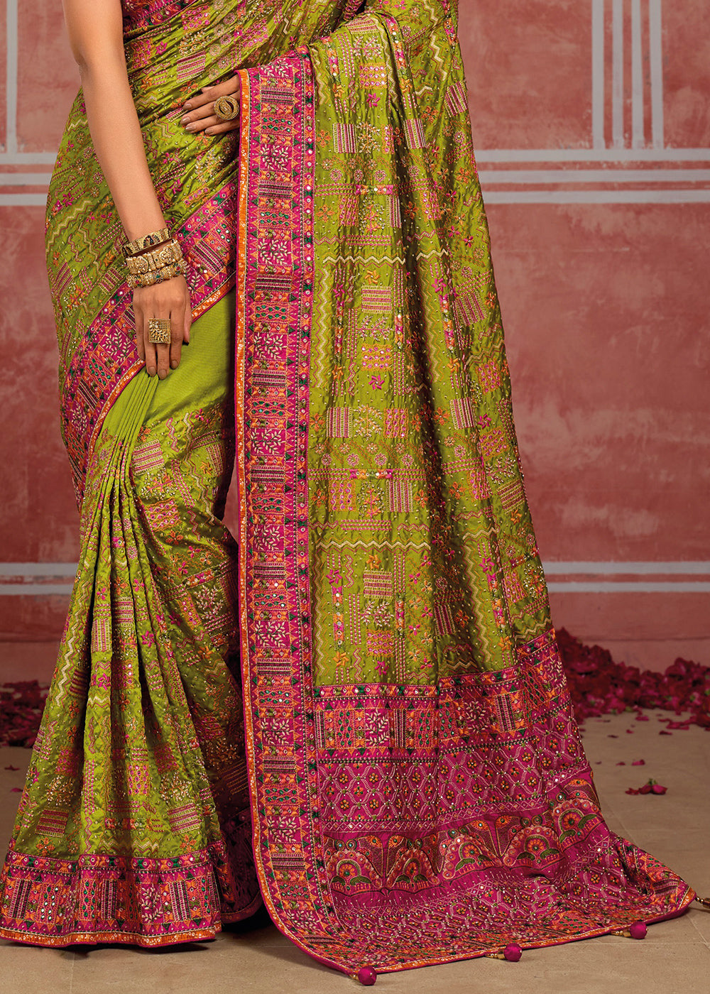 Sheen Green Banarasi Silk Saree with Exquisite Kachhi Hand Embroidery