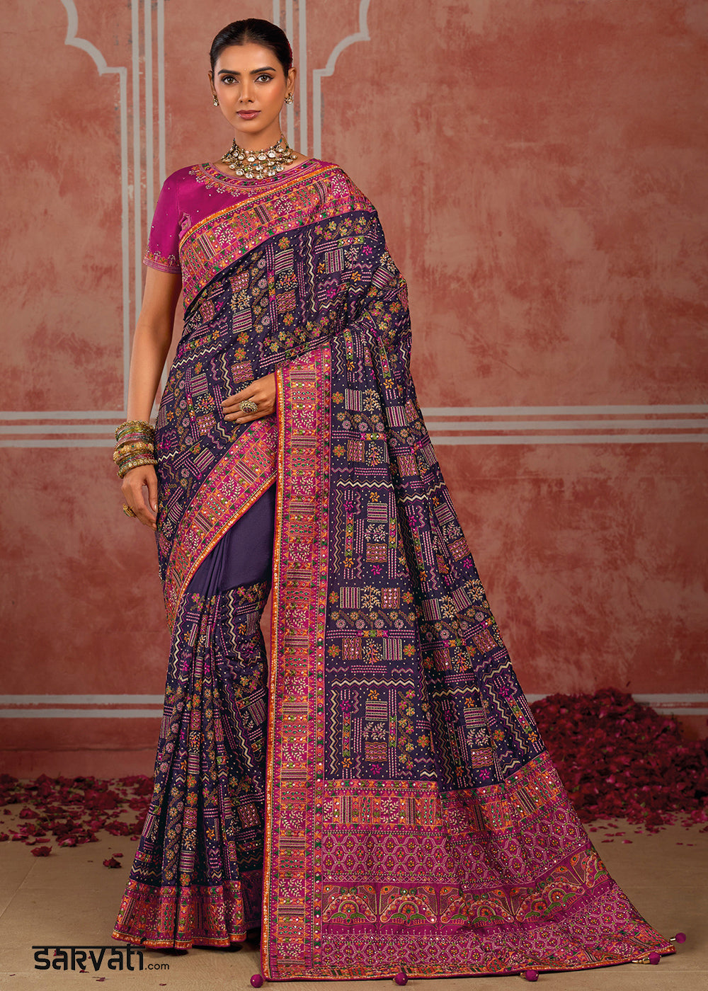 Midnight Purple Banarasi Silk Saree with Exquisite Kachhi Hand Embroidery