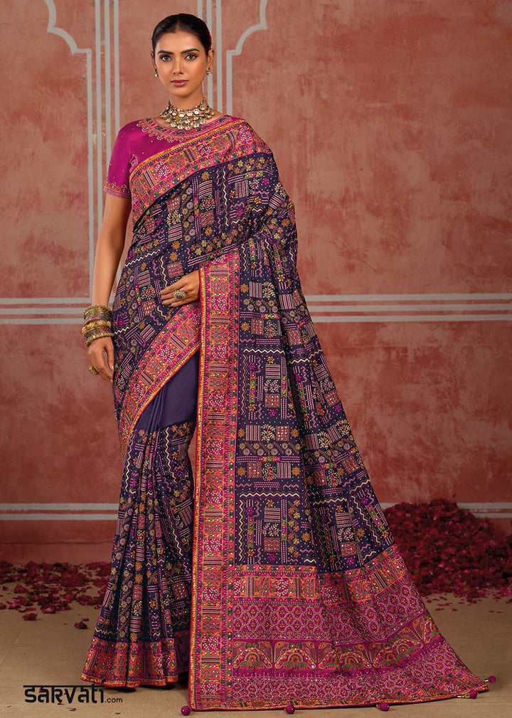 Midnight Purple Banarasi Silk Saree with Exquisite Kachhi Hand Embroidery