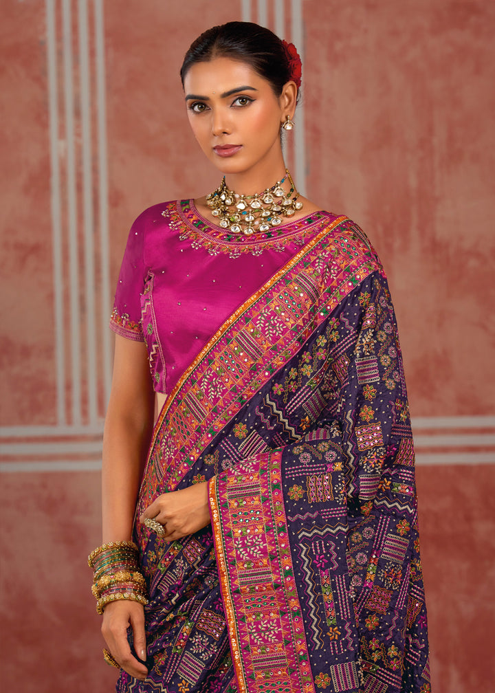 Midnight Purple Banarasi Silk Saree with Exquisite Kachhi Hand Embroidery