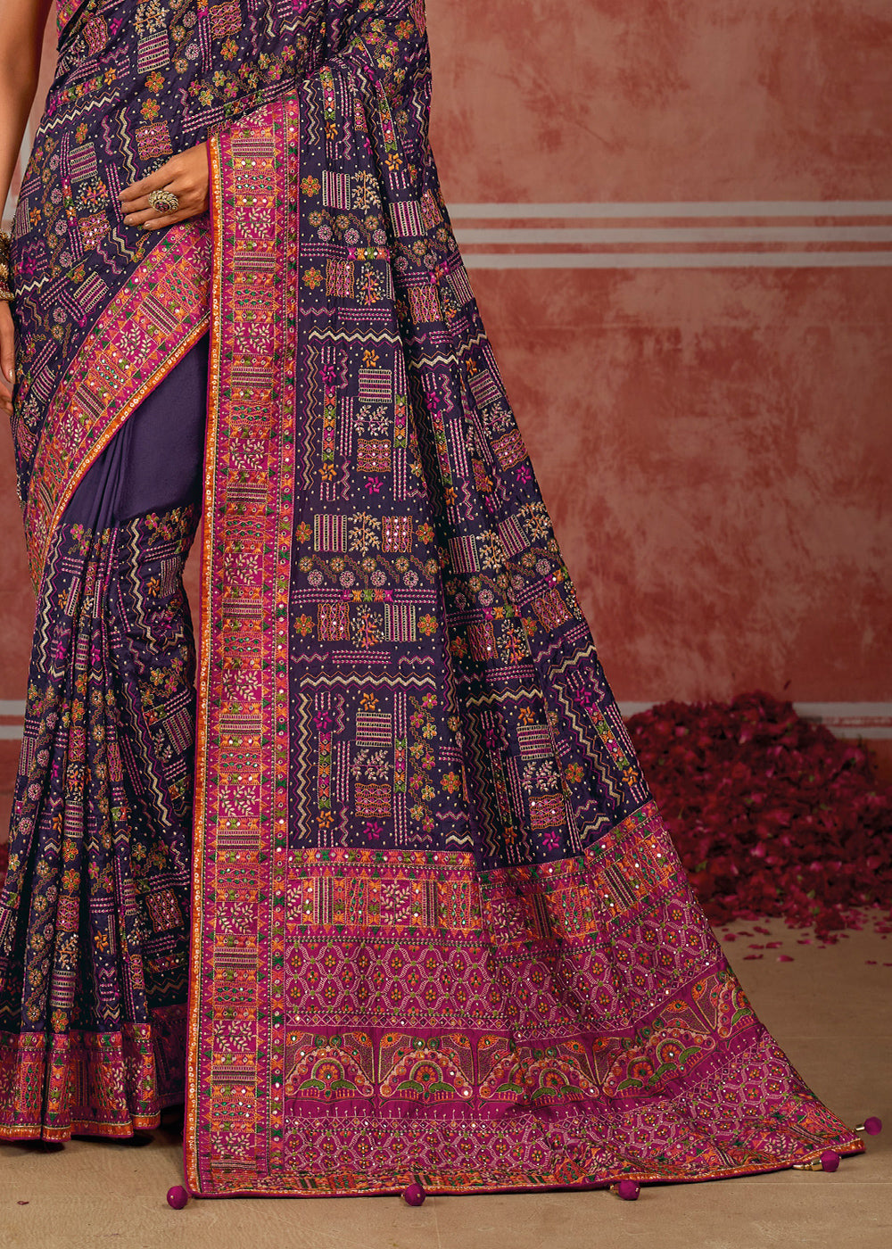 Midnight Purple Banarasi Silk Saree with Exquisite Kachhi Hand Embroidery