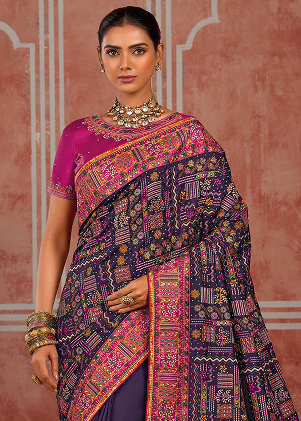 Midnight Purple Banarasi Silk Saree with Exquisite Kachhi Hand Embroidery