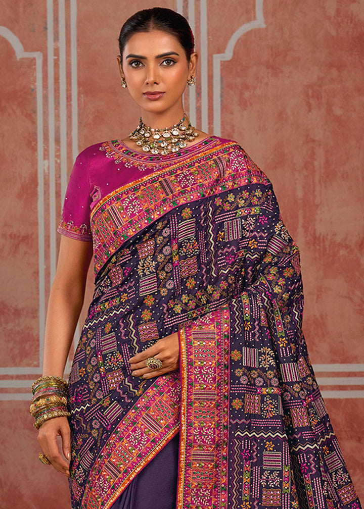 Midnight Purple Banarasi Silk Saree with Exquisite Kachhi Hand Embroidery