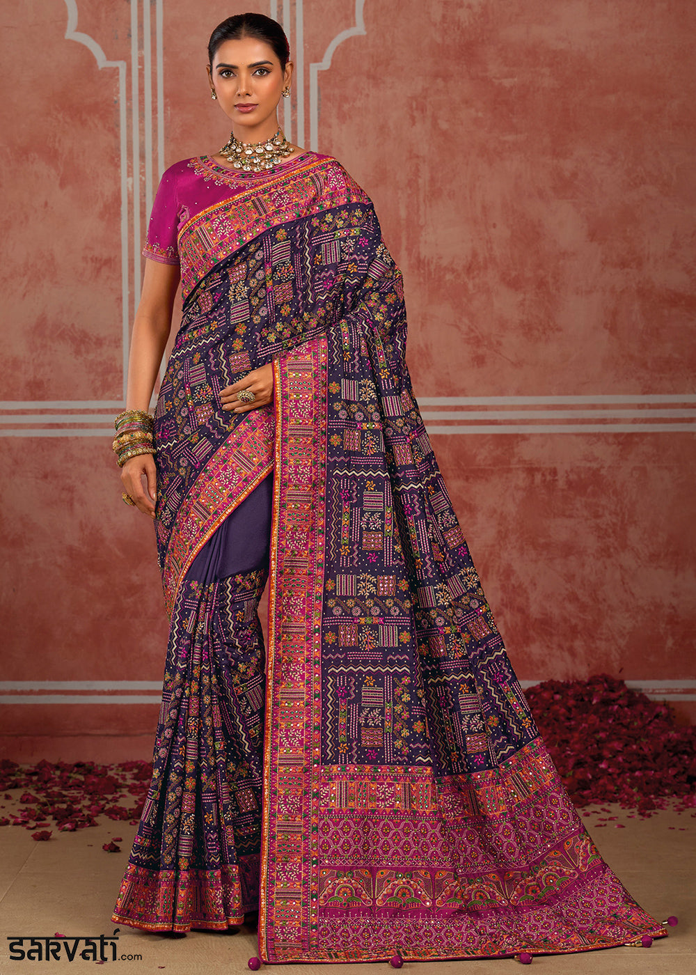 Midnight Purple Banarasi Silk Saree with Exquisite Kachhi Hand Embroidery