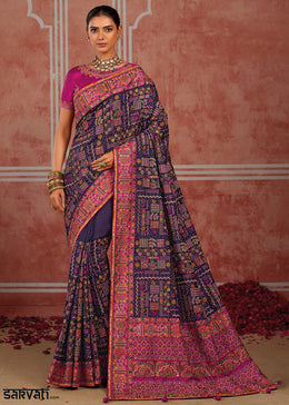 Midnight Purple Banarasi Silk Saree with Exquisite Kachhi Hand Embroidery