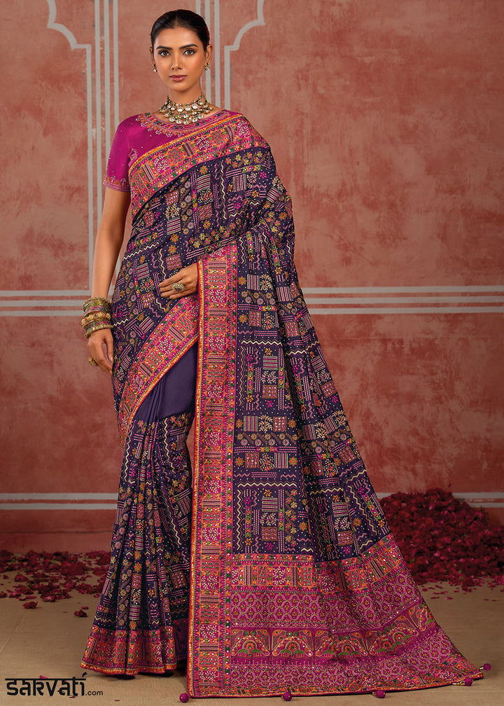 Midnight Purple Banarasi Silk Saree with Exquisite Kachhi Hand Embroidery