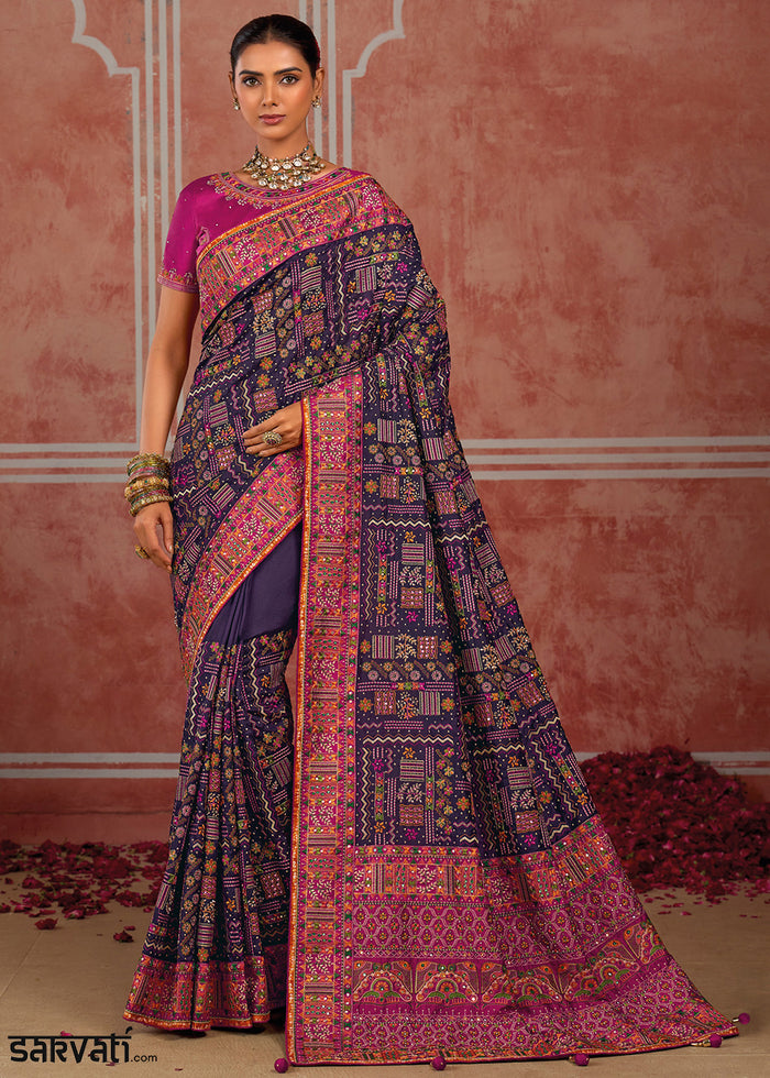 Midnight Purple Banarasi Silk Saree with Exquisite Kachhi Hand Embroidery