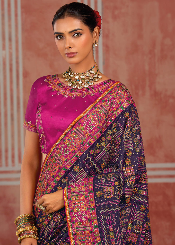 Midnight Purple Banarasi Silk Saree with Exquisite Kachhi Hand Embroidery