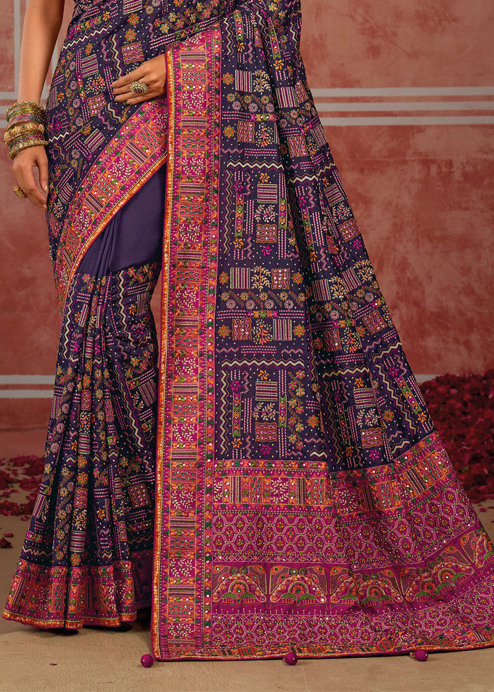Midnight Purple Banarasi Silk Saree with Exquisite Kachhi Hand Embroidery