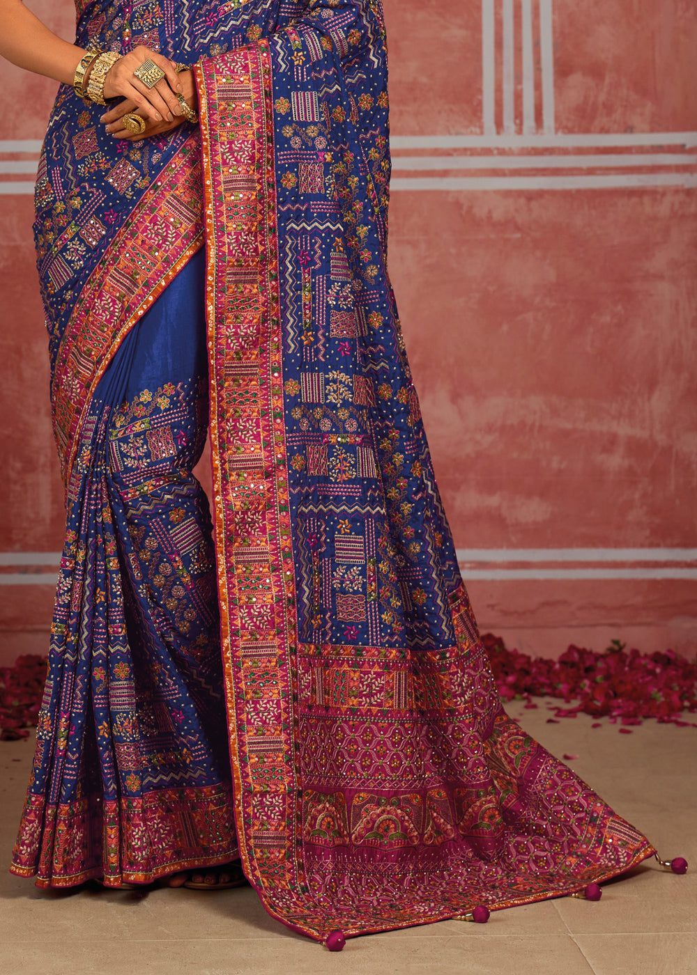 Royal Blue Banarasi Silk Saree with Exquisite Kachhi Hand Embroidery