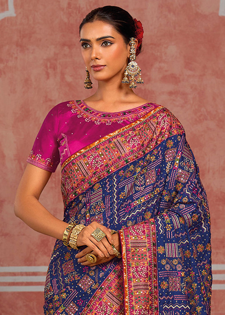 Royal Blue Banarasi Silk Saree with Exquisite Kachhi Hand Embroidery