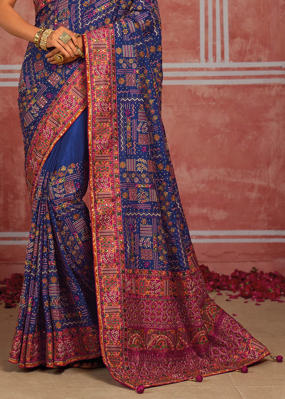 Royal Blue Banarasi Silk Saree with Exquisite Kachhi Hand Embroidery