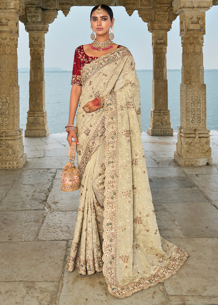 Cream White Banarasi Silk Saree with Lucknowi Embellishments and Jarkan Stones