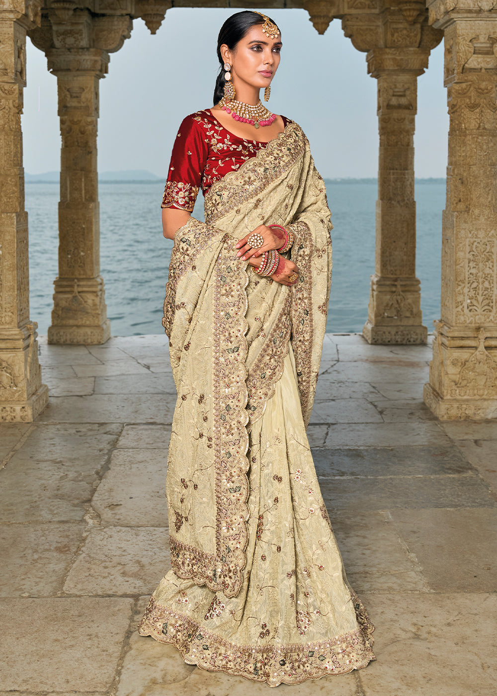 Cream White Banarasi Silk Saree with Lucknowi Embellishments and Jarkan Stones