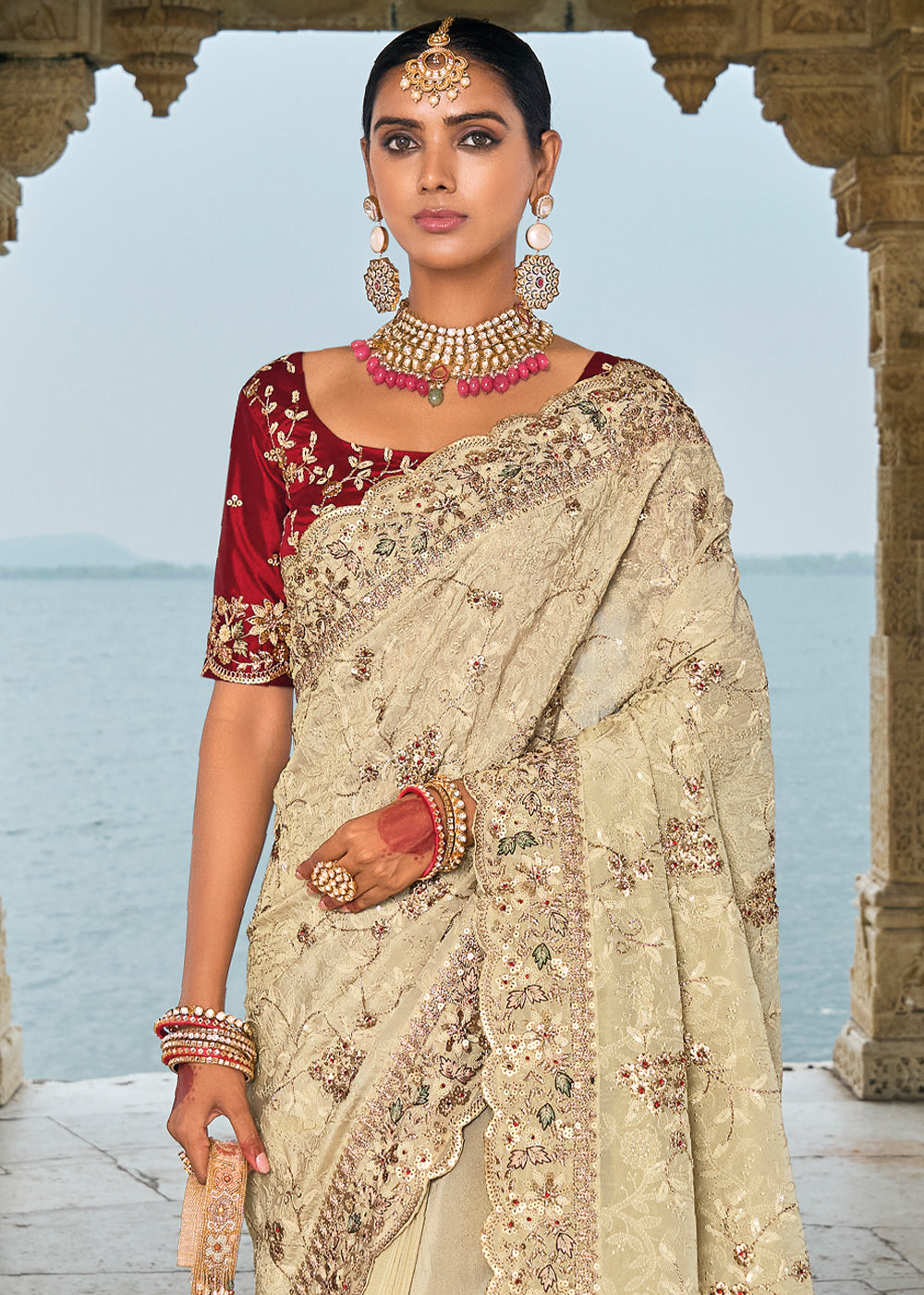 Cream White Banarasi Silk Saree with Lucknowi Embellishments and Jarkan Stones