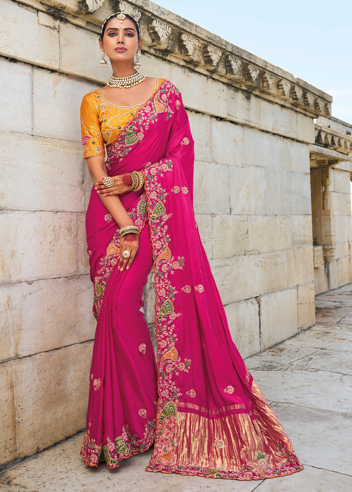 Magenta Pink Satin Silk Saree with Intricate Zari, Thread, Cut-Dana, and Jarkan Embellishments