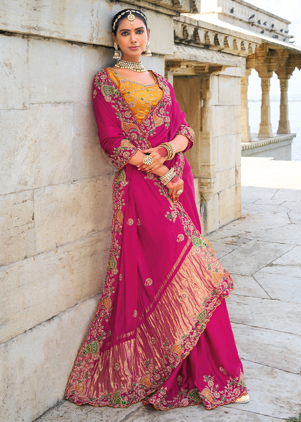 Magenta Pink Satin Silk Saree with Intricate Zari, Thread, Cut-Dana, and Jarkan Embellishments