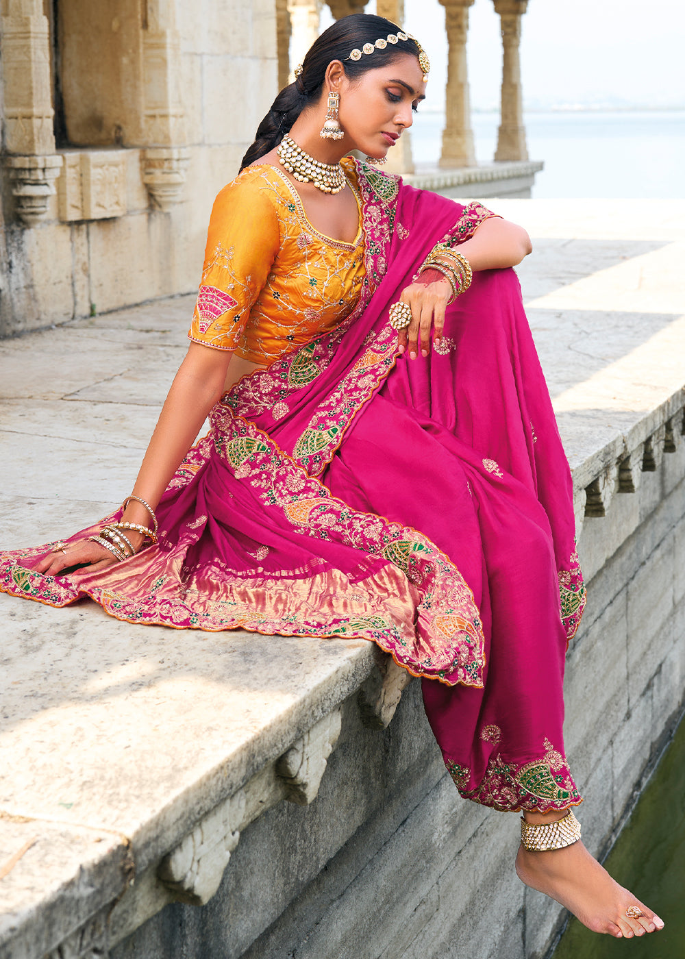 Magenta Pink Satin Silk Saree with Intricate Zari, Thread, Cut-Dana, and Jarkan Embellishments