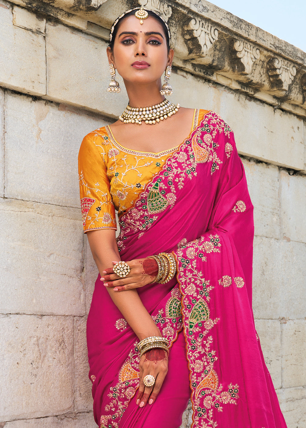 Magenta Pink Satin Silk Saree with Intricate Zari, Thread, Cut-Dana, and Jarkan Embellishments