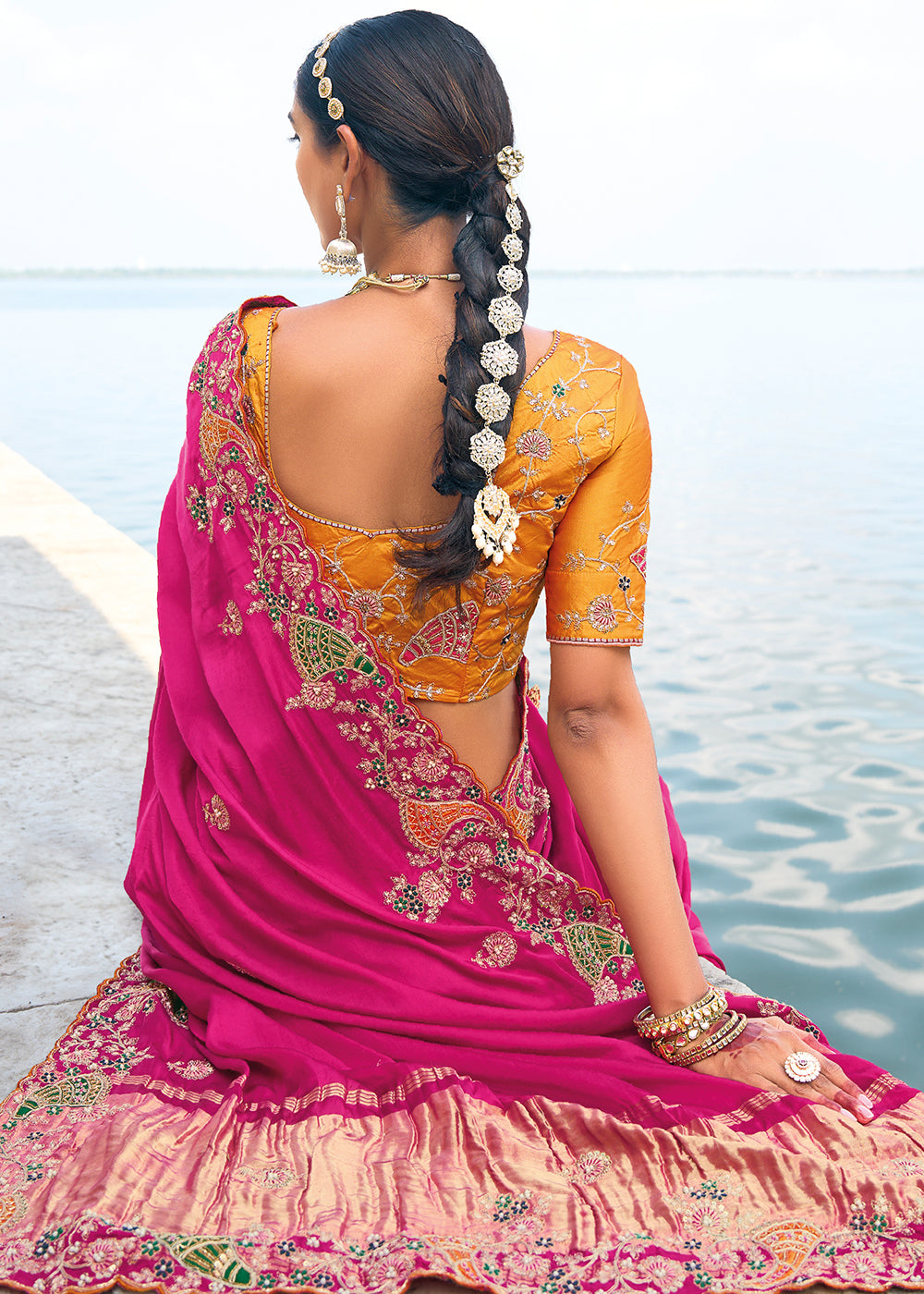 Magenta Pink Satin Silk Saree with Intricate Zari, Thread, Cut-Dana, and Jarkan Embellishments