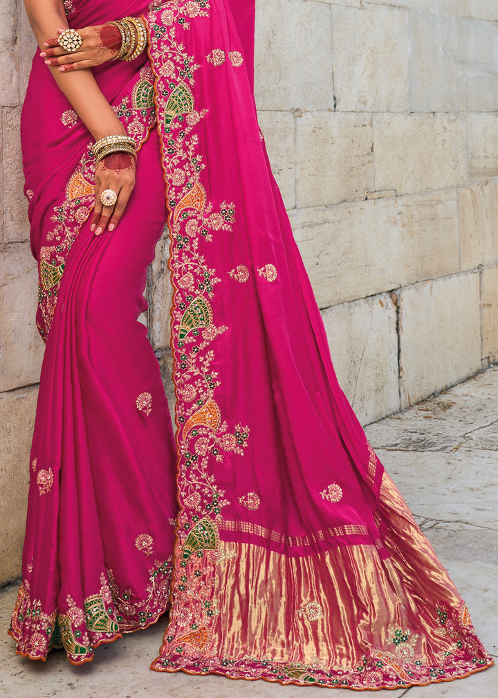 Magenta Pink Satin Silk Saree with Intricate Zari, Thread, Cut-Dana, and Jarkan Embellishments