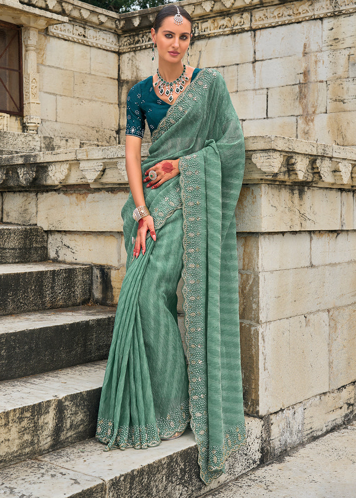 Eel Green Crush Tissue Saree with Intricate Cut-Dana, Moti and Jarkan Embellishments