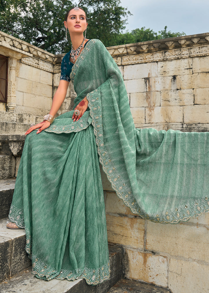 Eel Green Crush Tissue Saree with Intricate Cut-Dana, Moti and Jarkan Embellishments