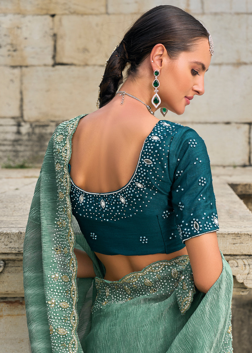 Eel Green Crush Tissue Saree with Intricate Cut-Dana, Moti and Jarkan Embellishments