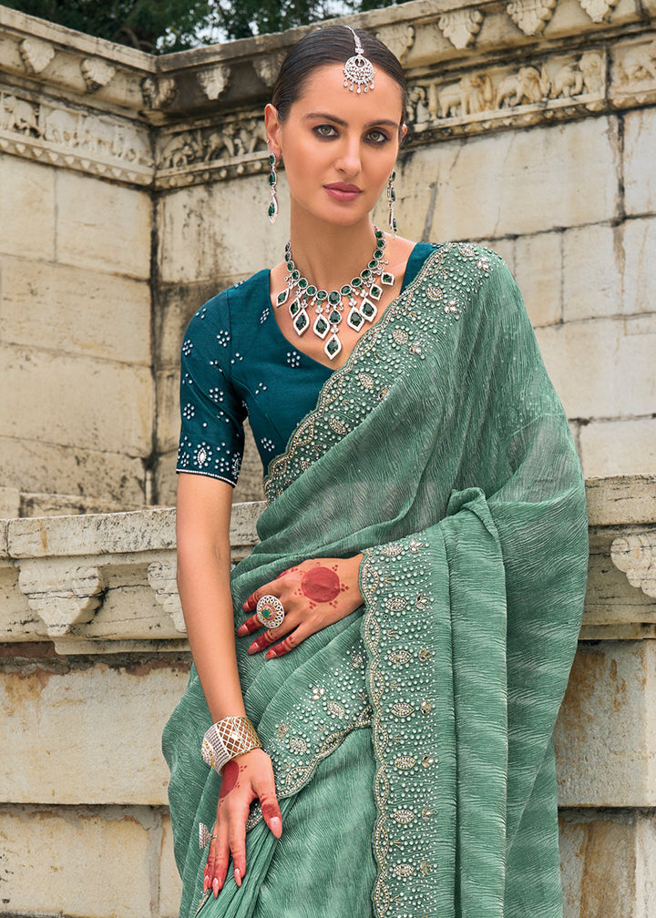 Eel Green Crush Tissue Saree with Intricate Cut-Dana, Moti and Jarkan Embellishments