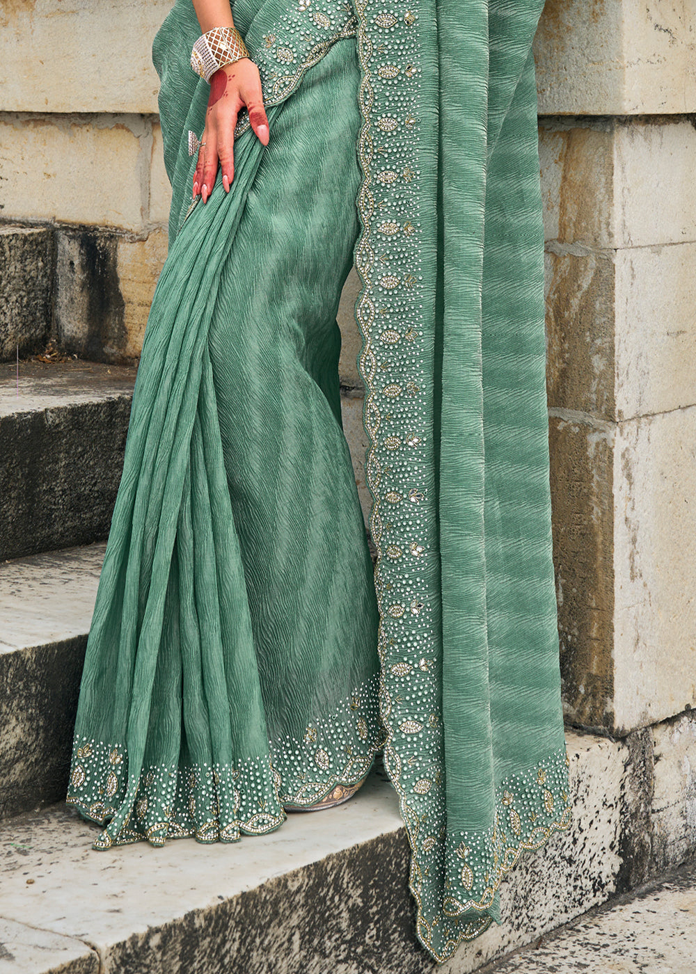 Eel Green Crush Tissue Saree with Intricate Cut-Dana, Moti and Jarkan Embellishments