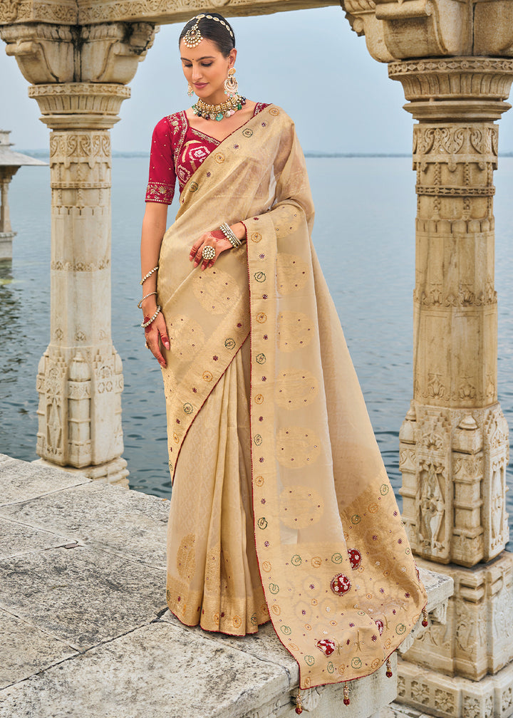 Tan Brown kanjivaram Silk Saree with Intricate Cut-Dana, Moti and Zardosi Embellishments