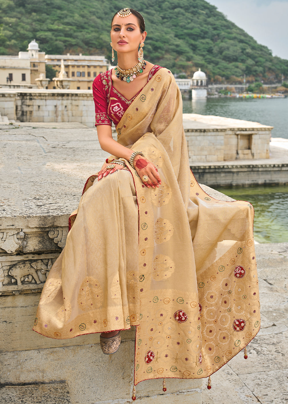 Tan Brown kanjivaram Silk Saree with Intricate Cut-Dana, Moti and Zardosi Embellishments