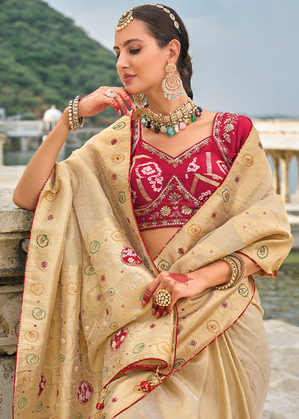 Tan Brown kanjivaram Silk Saree with Intricate Cut-Dana, Moti and Zardosi Embellishments