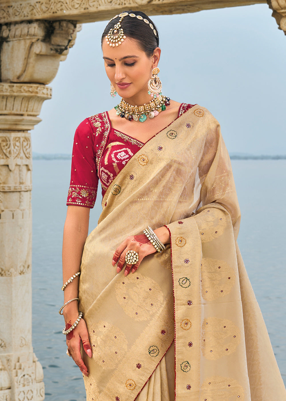 Tan Brown kanjivaram Silk Saree with Intricate Cut-Dana, Moti and Zardosi Embellishments