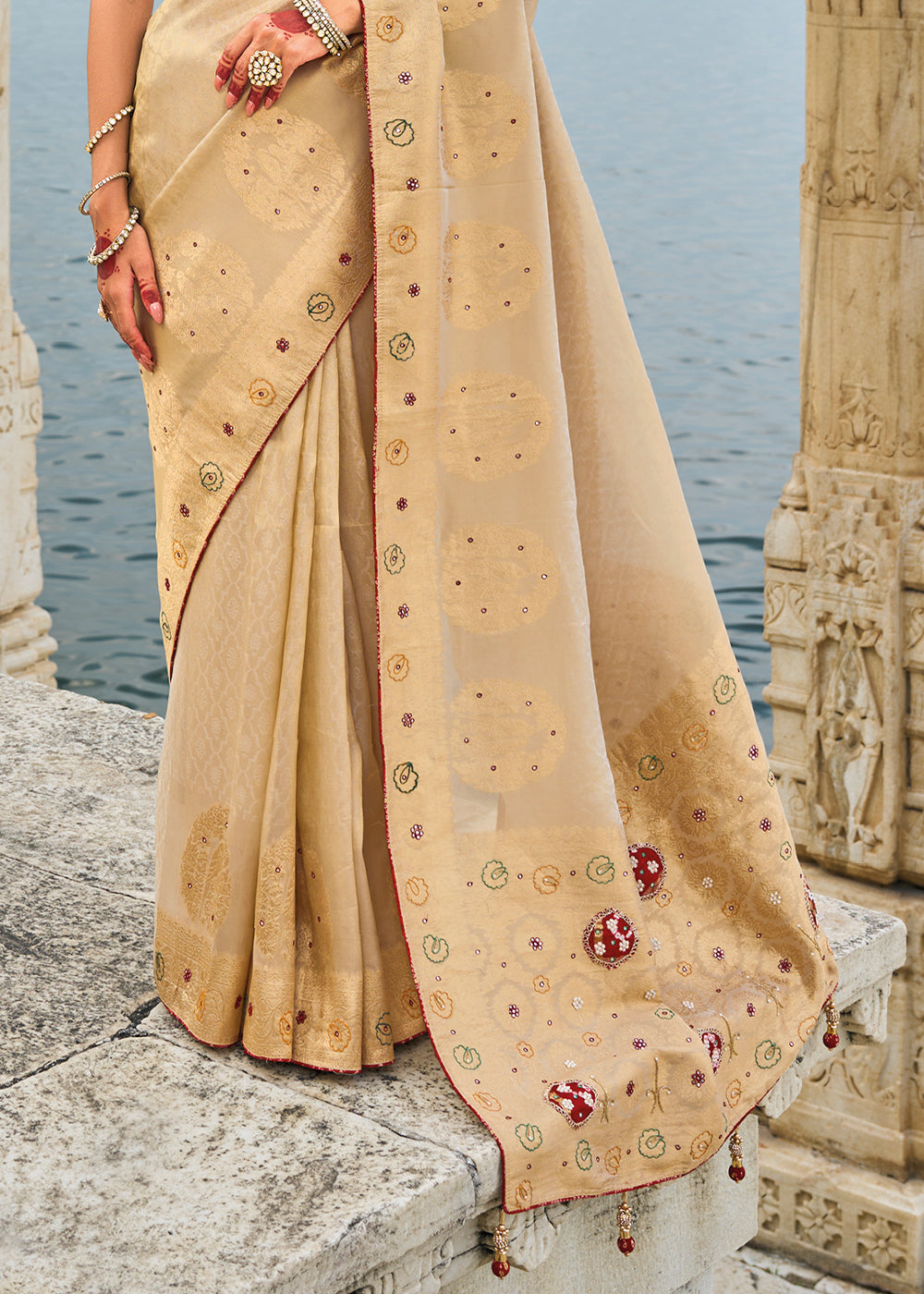 Tan Brown kanjivaram Silk Saree with Intricate Cut-Dana, Moti and Zardosi Embellishments