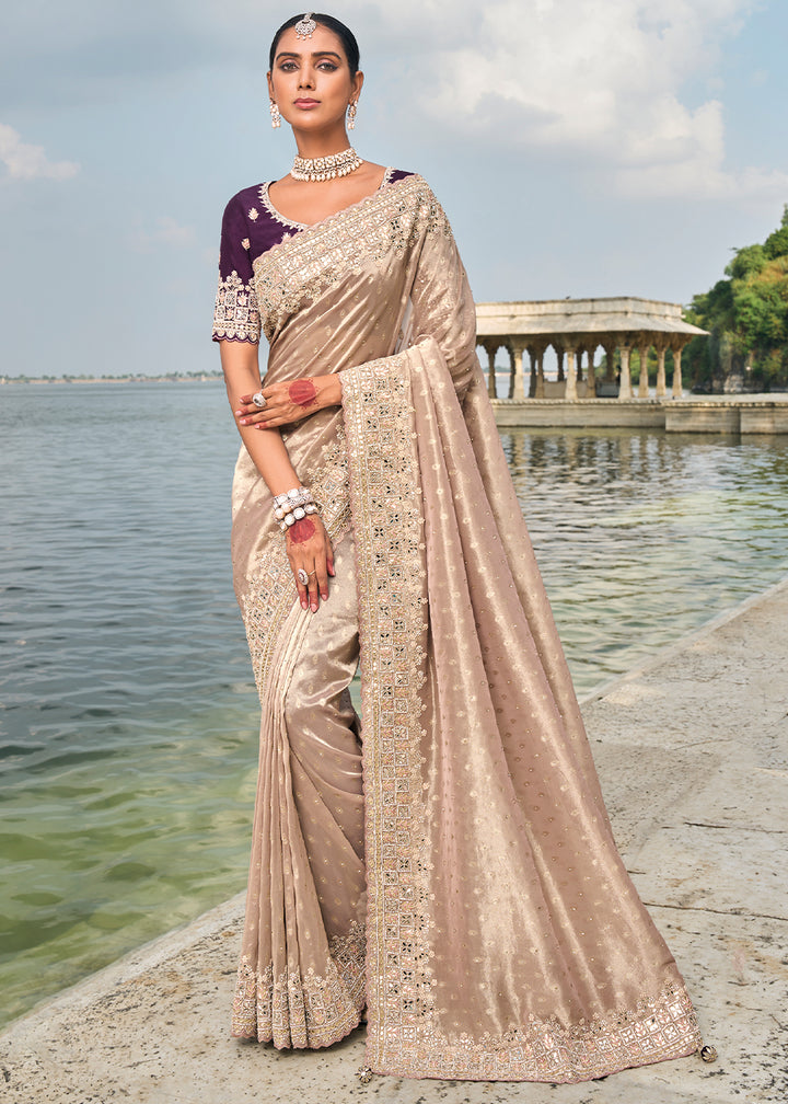 Dusty Lilac Purple kanjivaram Silk Saree with Intricate Mirror, Moti and Jarkan Embellishments