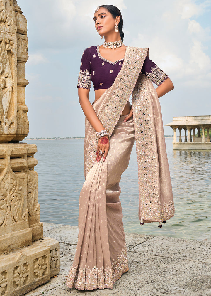 Dusty Lilac Purple kanjivaram Silk Saree with Intricate Mirror, Moti and Jarkan Embellishments