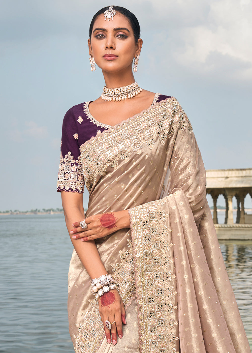 Dusty Lilac Purple kanjivaram Silk Saree with Intricate Mirror, Moti and Jarkan Embellishments