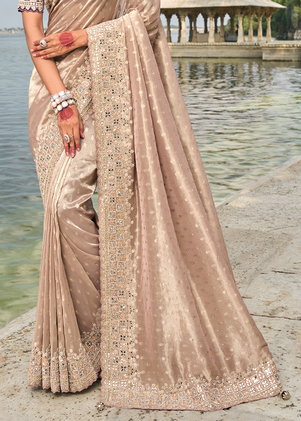 Dusty Lilac Purple kanjivaram Silk Saree with Intricate Mirror, Moti and Jarkan Embellishments