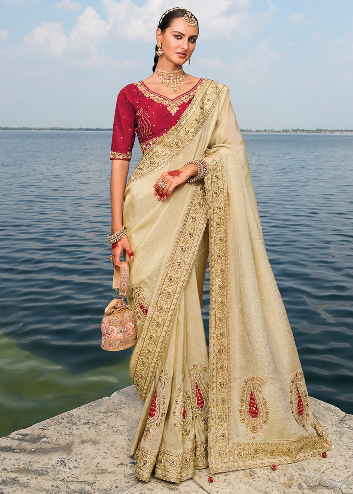 Light Brown Crepe Silk Saree with Intricate Zari,Cut-Dana,Mirror and Zardosi Embellishments