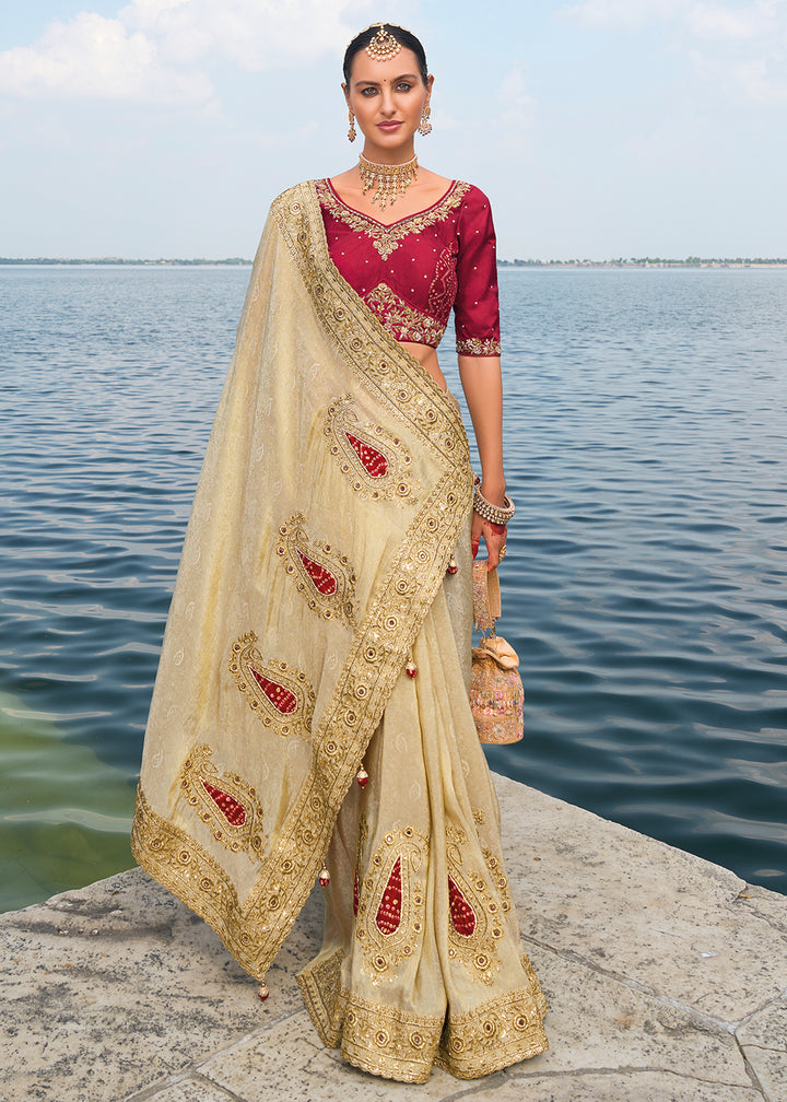 Light Brown Crepe Silk Saree with Intricate Zari,Cut-Dana,Mirror and Zardosi Embellishments